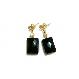 Faceted Black Jet Drop Earrings with Freshwater Pearls